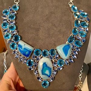 Sterling Silver Blue Topaz & Agate Collar Necklace * NEW *